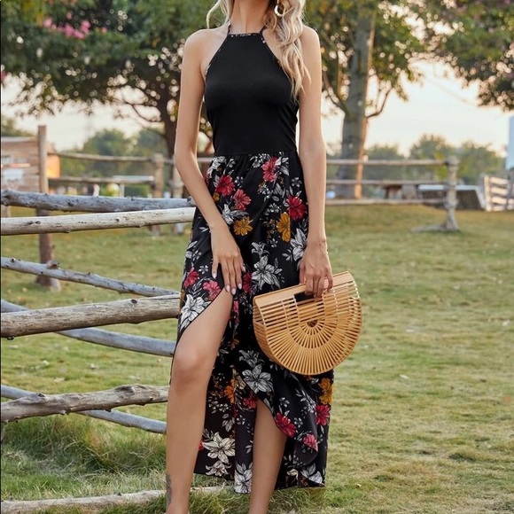 Floral Print Tulip Hem Tie Back Halter Dress - Picture 5 of 8